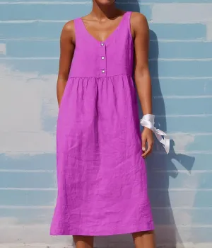 Women Sleeveless Linen Midi Dress Summer Casual V Neck Button Flowy Sun Dress Loose Beach Vacation Shift Dress