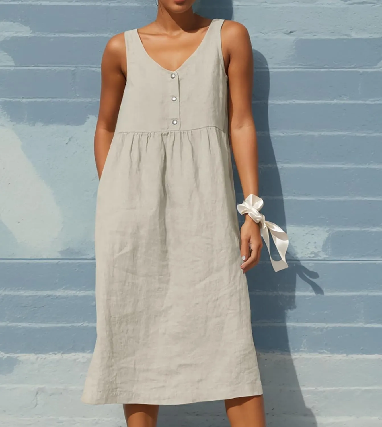 Women Sleeveless Linen Midi Dress Summer Casual V Neck Button Flowy Sun Dress Loose Beach Vacation Shift Dress