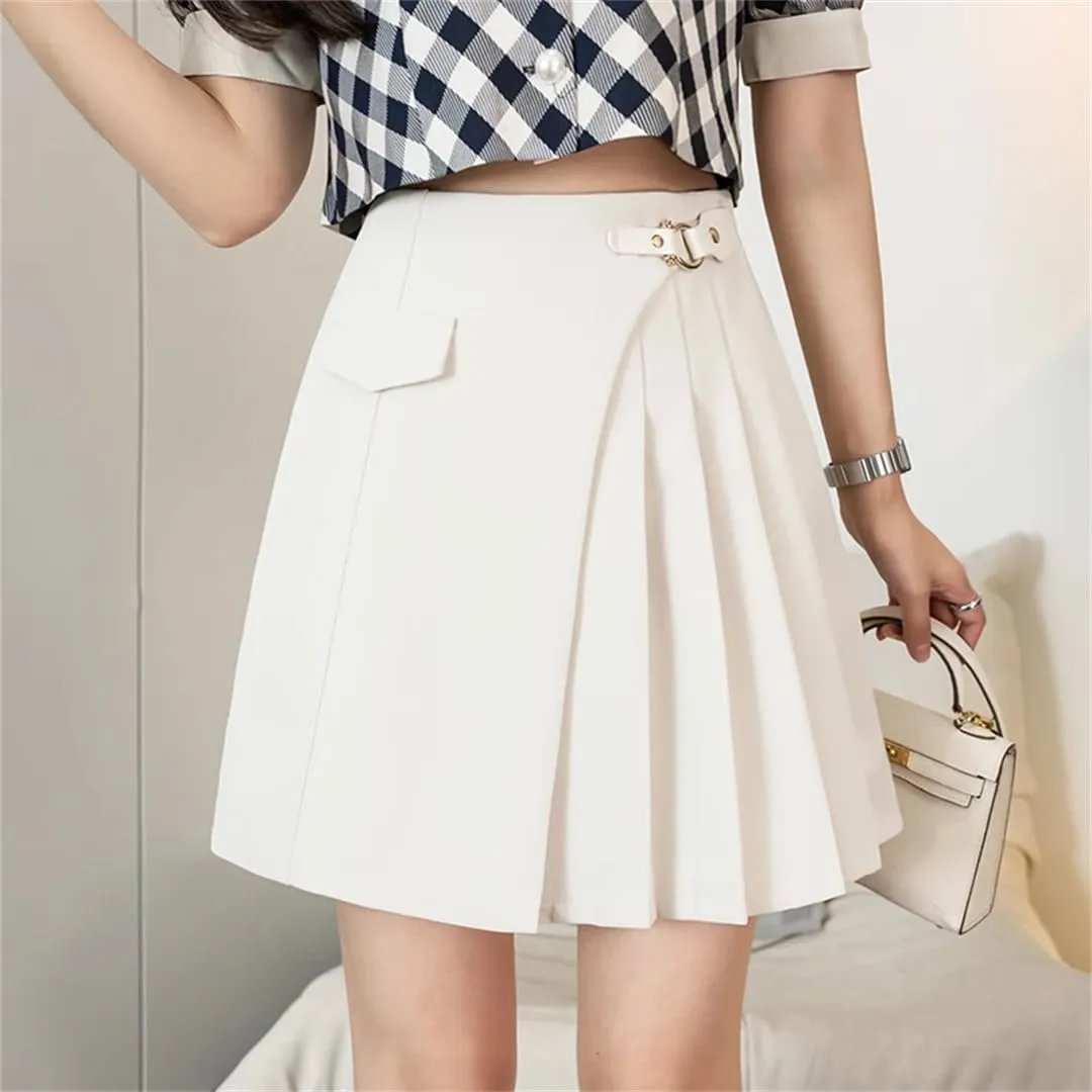 Women Summer Irregular Pleated Skirt with Buckle High Waist School Students Mini Short Skirts