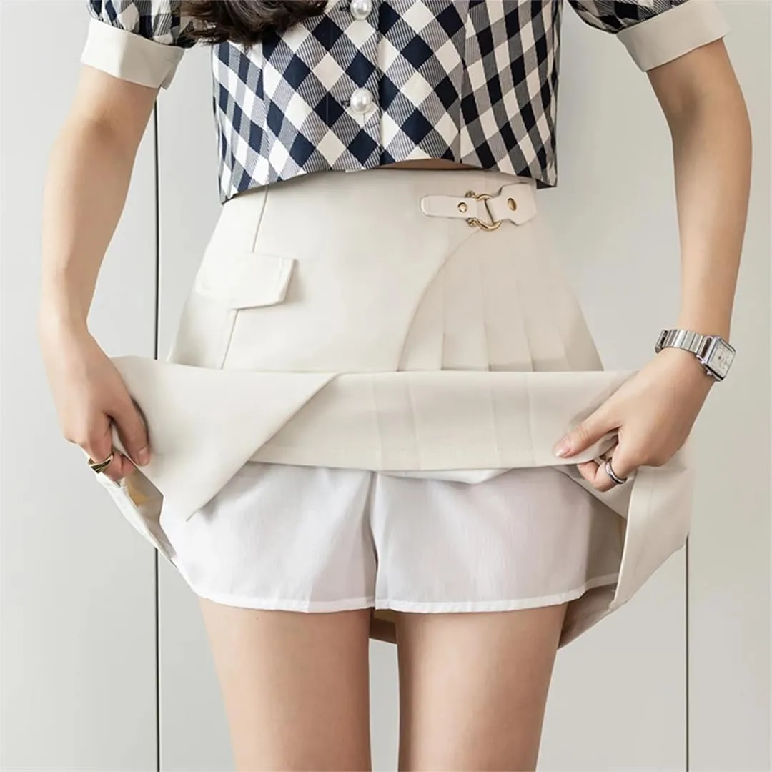 Women Summer Irregular Pleated Skirt with Buckle High Waist School Students Mini Short Skirts