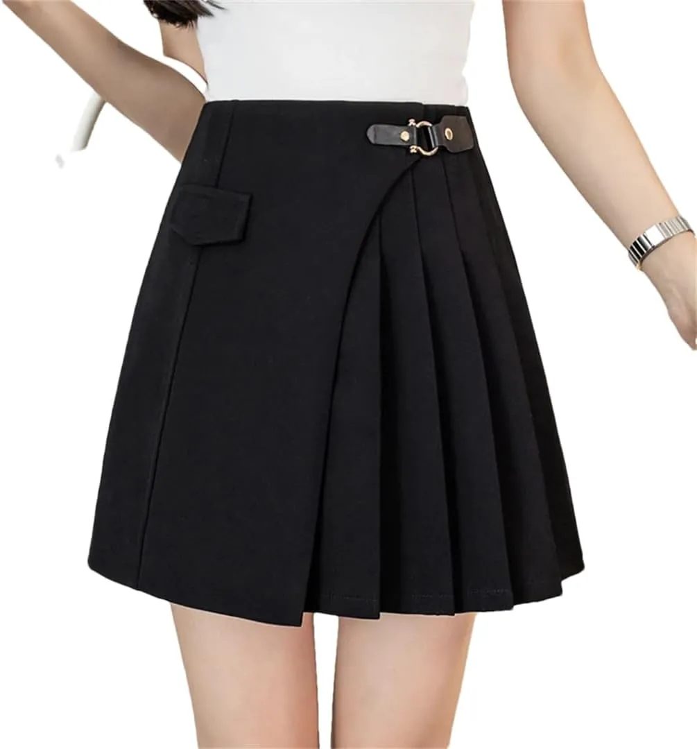 Women Summer Irregular Pleated Skirt with Buckle High Waist School Students Mini Short Skirts