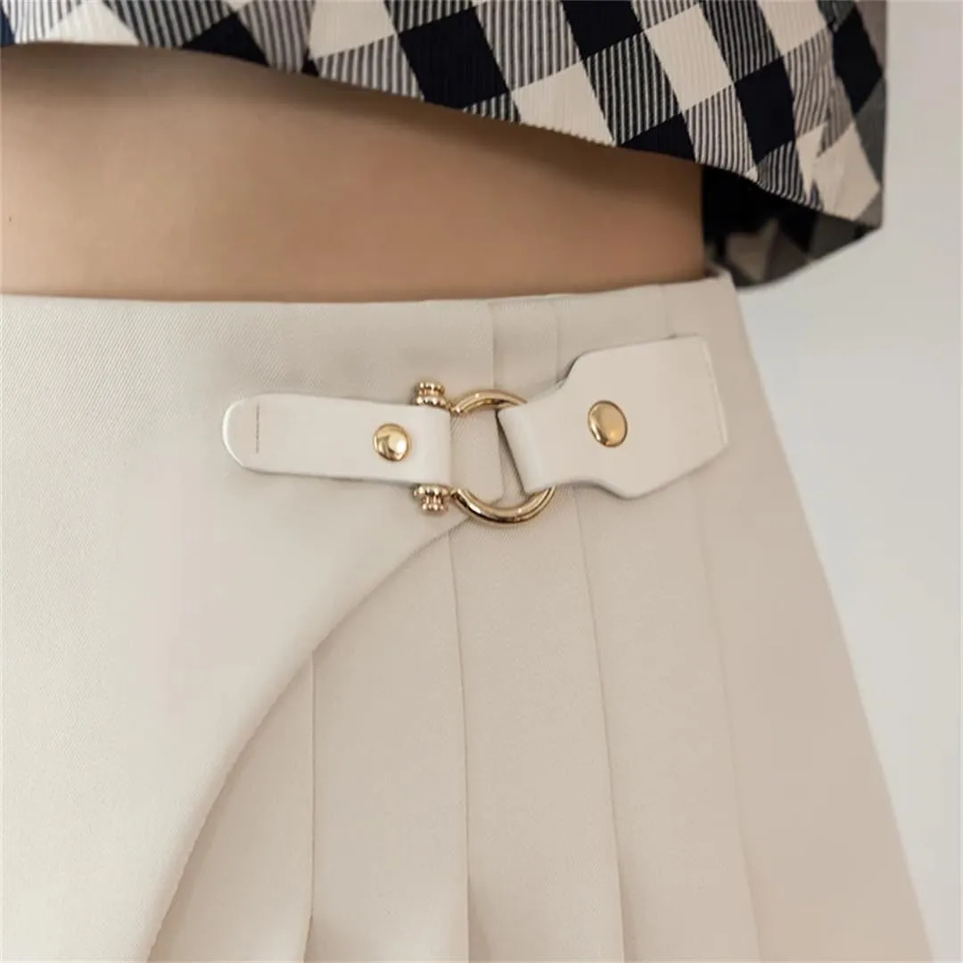 Women Summer Irregular Pleated Skirt with Buckle High Waist School Students Mini Short Skirts