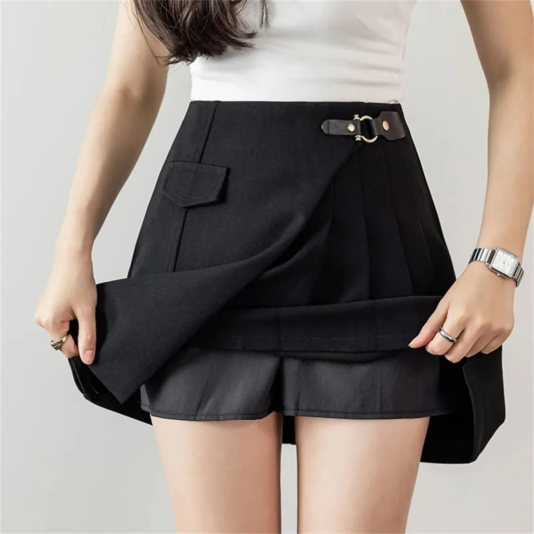 Women Summer Irregular Pleated Skirt with Buckle High Waist School Students Mini Short Skirts