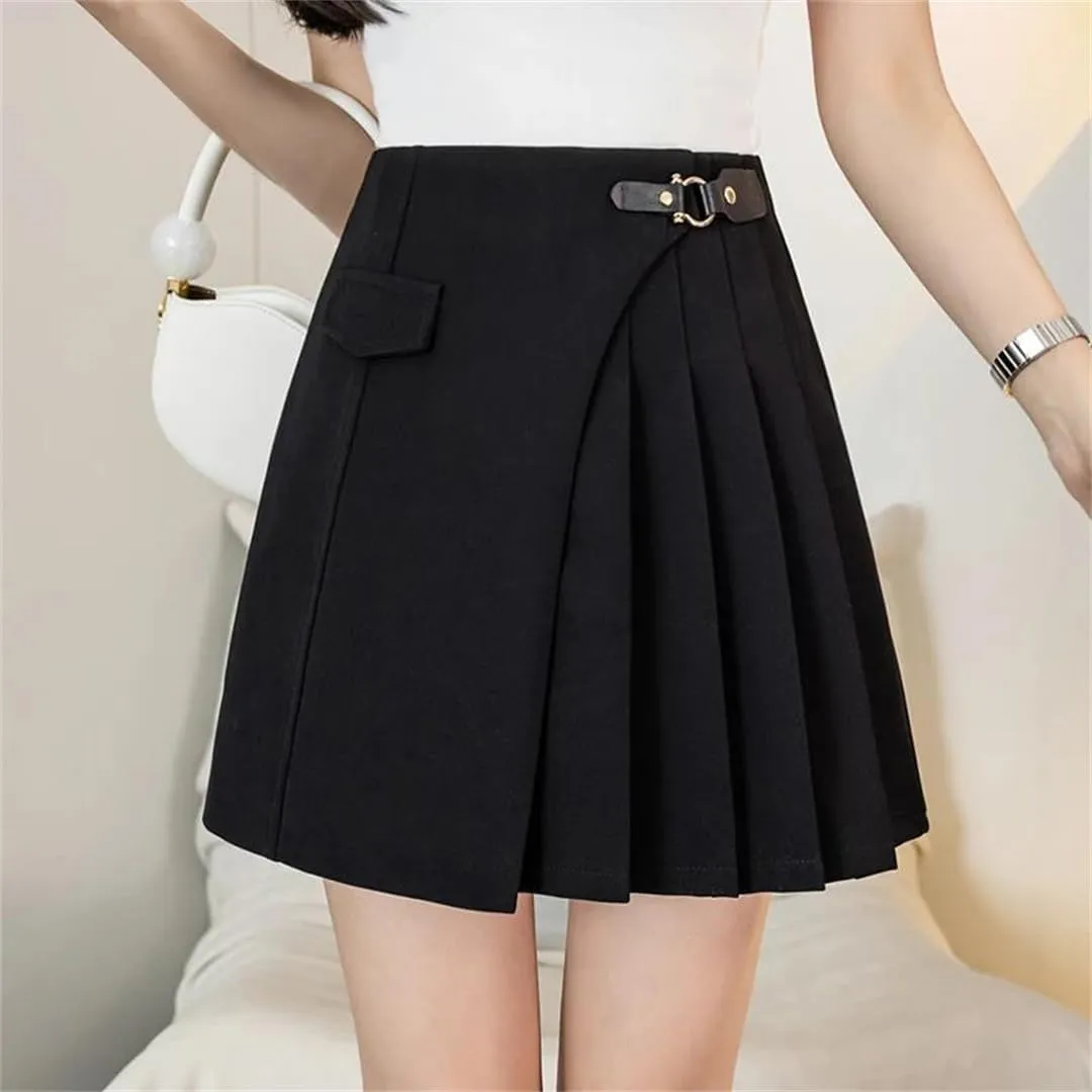 Women Summer Irregular Pleated Skirt with Buckle High Waist School Students Mini Short Skirts