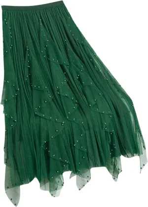 Women Tulle Skirts Solid Color Elastic Waist Mesh Tiered Layered Asymmetrical Skirt Casual Fashion Elegant Skirts