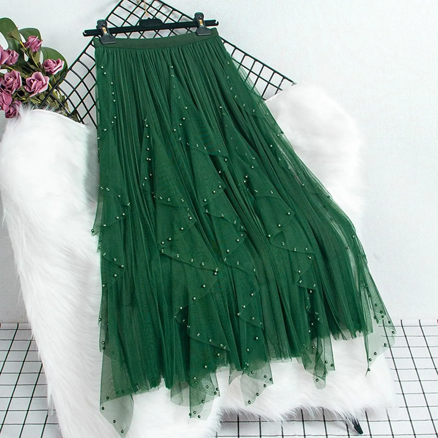 Women Tulle Skirts Solid Color Elastic Waist Mesh Tiered Layered Asymmetrical Skirt Casual Fashion Elegant Skirts