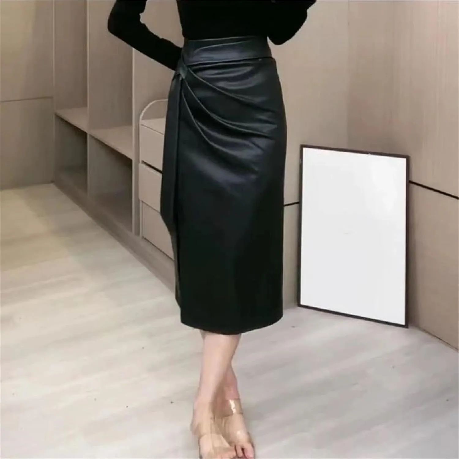 Women Winter Fashion Zipper Pleated Skirt Office Lady High Waist Midi Slim A-Line PU Leather Skirt