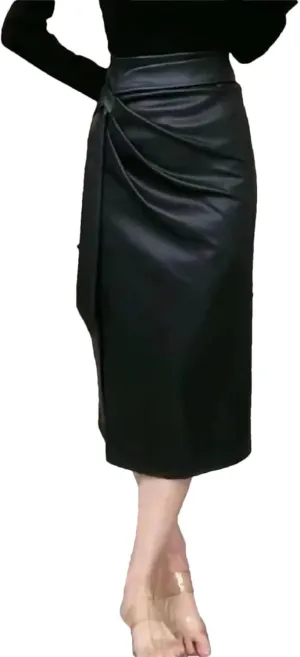 Women Winter Fashion Zipper Pleated Skirt Office Lady High Waist Midi Slim A-Line PU Leather Skirt