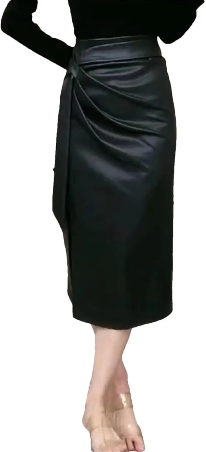 Women Winter Fashion Zipper Pleated Skirt Office Lady High Waist Midi Slim A-Line PU Leather Skirt