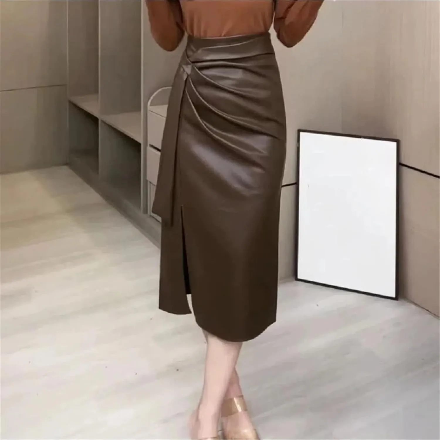 Women Winter Fashion Zipper Pleated Skirt Office Lady High Waist Midi Slim A-Line PU Leather Skirt