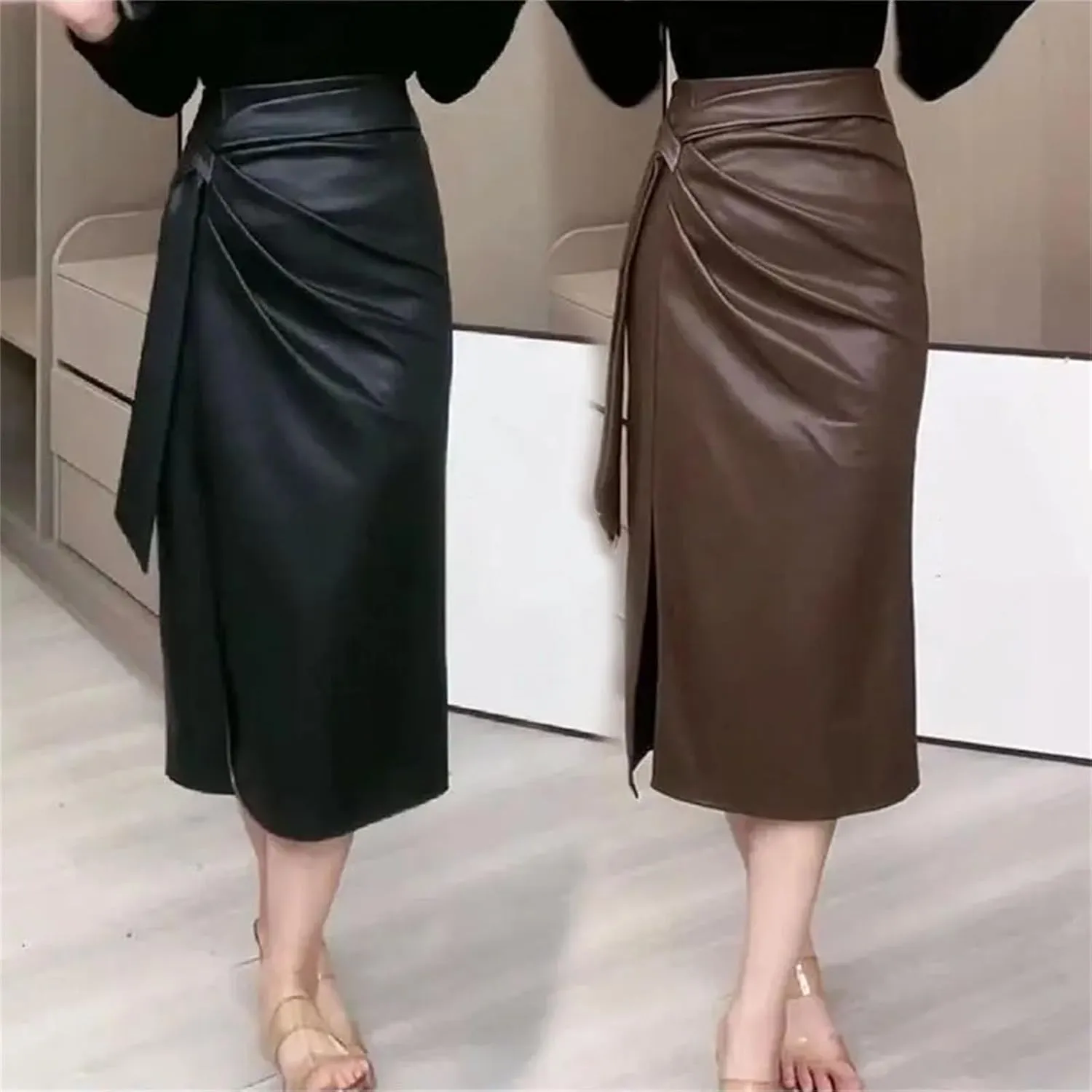 Women Winter Fashion Zipper Pleated Skirt Office Lady High Waist Midi Slim A-Line PU Leather Skirt