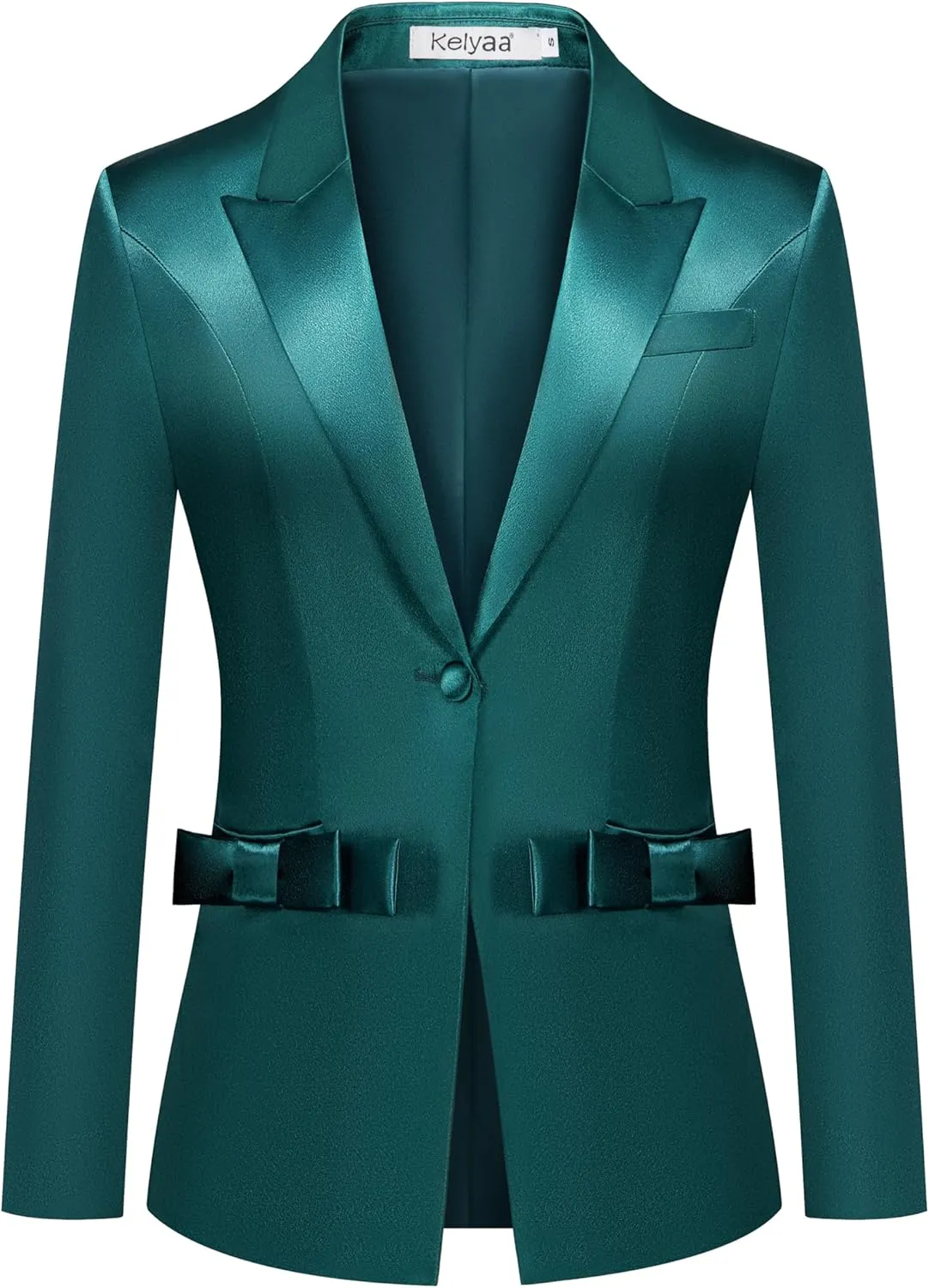 Women's 2 Piece Satin Suit Double Side Bows One Button Peaked Lapel Outfits Party Wedding Blazer Jackets and Pants Set