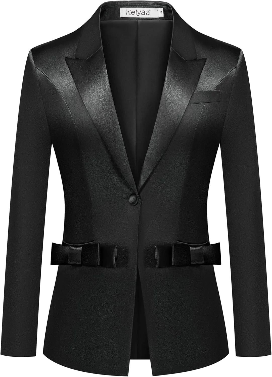 Women's 2 Piece Satin Suit Double Side Bows One Button Peaked Lapel Outfits Party Wedding Blazer Jackets and Pants Set