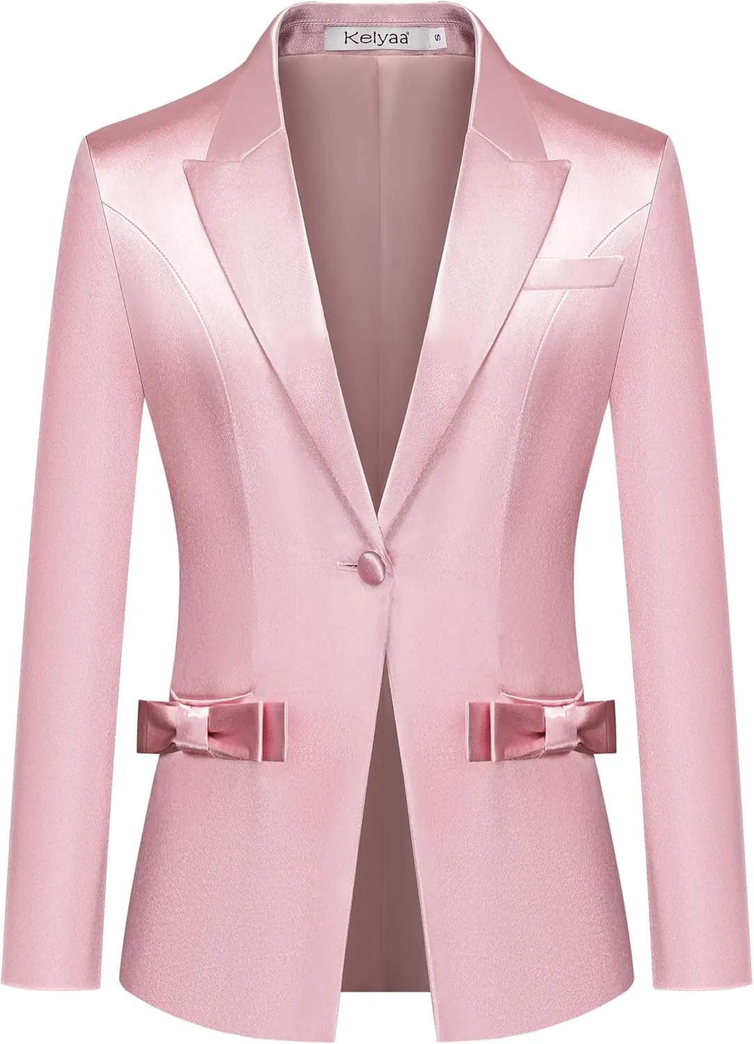 Women's 2 Piece Satin Suit Double Side Bows One Button Peaked Lapel Outfits Party Wedding Blazer Jackets and Pants Set