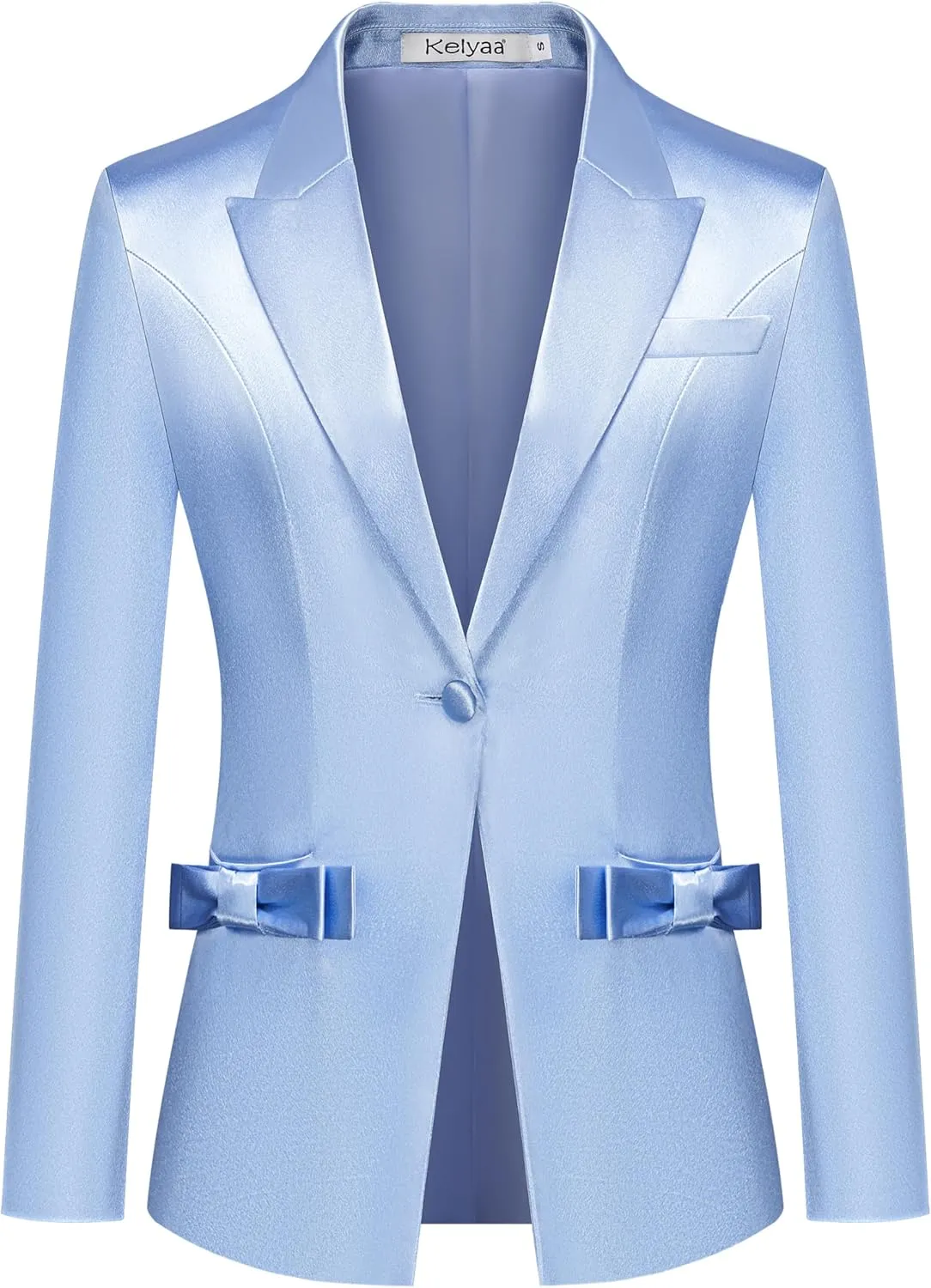 Women's 2 Piece Satin Suit Double Side Bows One Button Peaked Lapel Outfits Party Wedding Blazer Jackets and Pants Set
