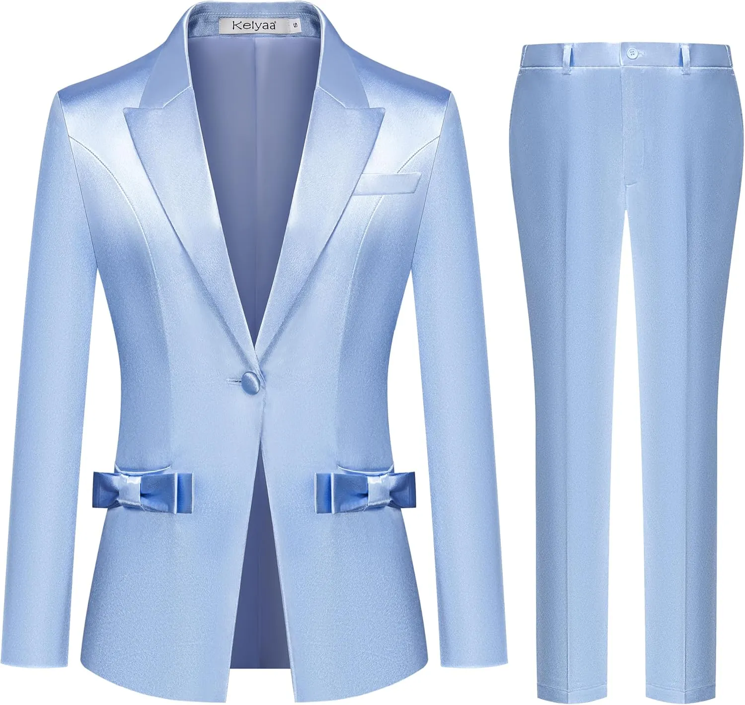 Women's 2 Piece Satin Suit Double Side Bows One Button Peaked Lapel Outfits Party Wedding Blazer Jackets and Pants Set