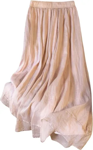 Women's Boho Cotton Linen Long Flowy Skirt High Waist A Line Double Layer Casual Elegant Flowy Swing Maxi Skirts