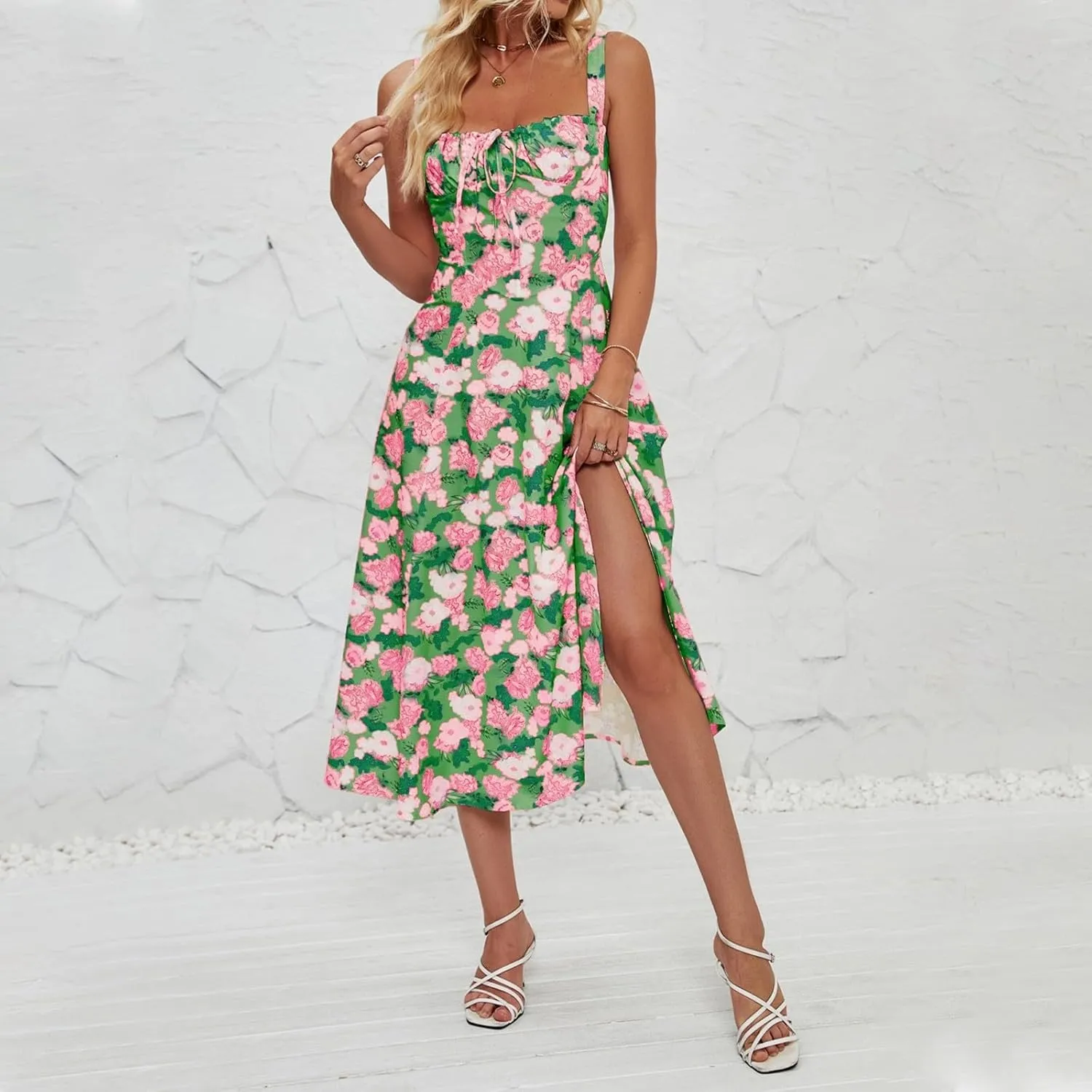 Women's Casual Floral Printed Long Beach Wedding Guest Dresses Spaghetti Strap V-Neck Floral Short Party Dress