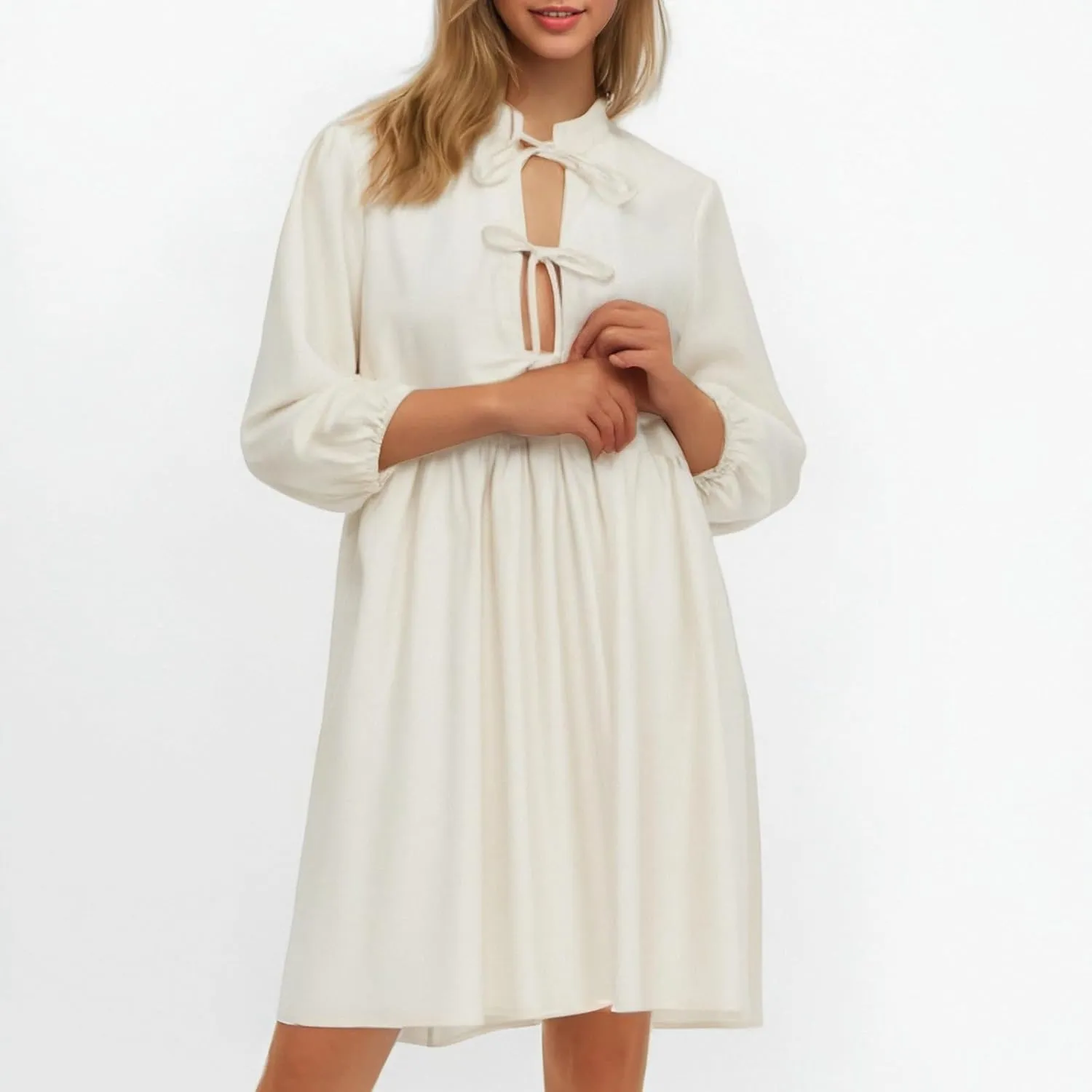 Women's Dress Fall Long Puff Sleeve Self Tie Front Babydoll A Line Pleated Cute Mini Tunic Dresses 2025