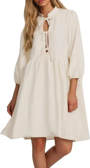Women's Dress Fall Long Puff Sleeve Self Tie Front Babydoll A Line Pleated Cute Mini Tunic Dresses 2025