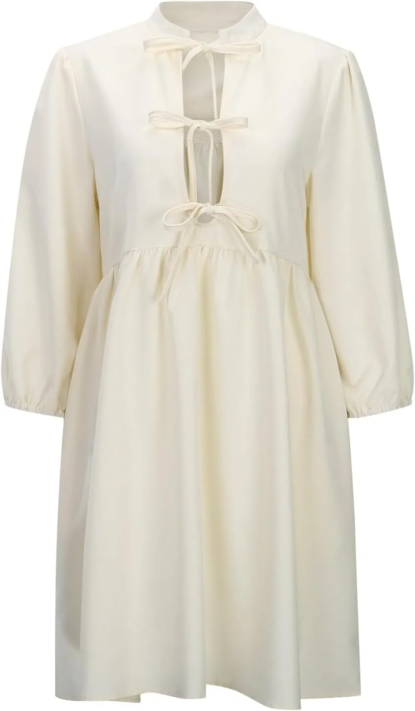 Women's Dress Fall Long Puff Sleeve Self Tie Front Babydoll A Line Pleated Cute Mini Tunic Dresses 2025