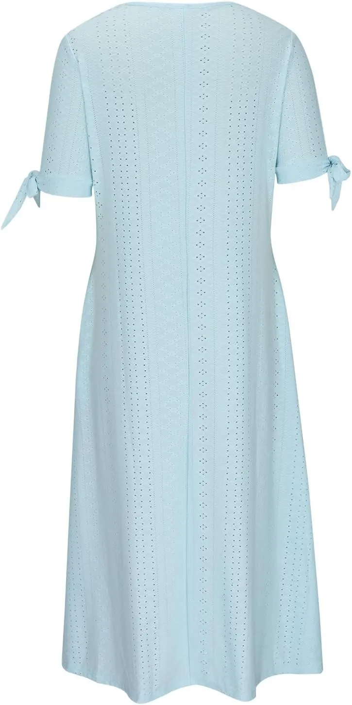 Women's Dresses Casual Eyelet Solid Color Hollow Out V Neck Button Dress Summer Fashion Summer Dress with Pockets
