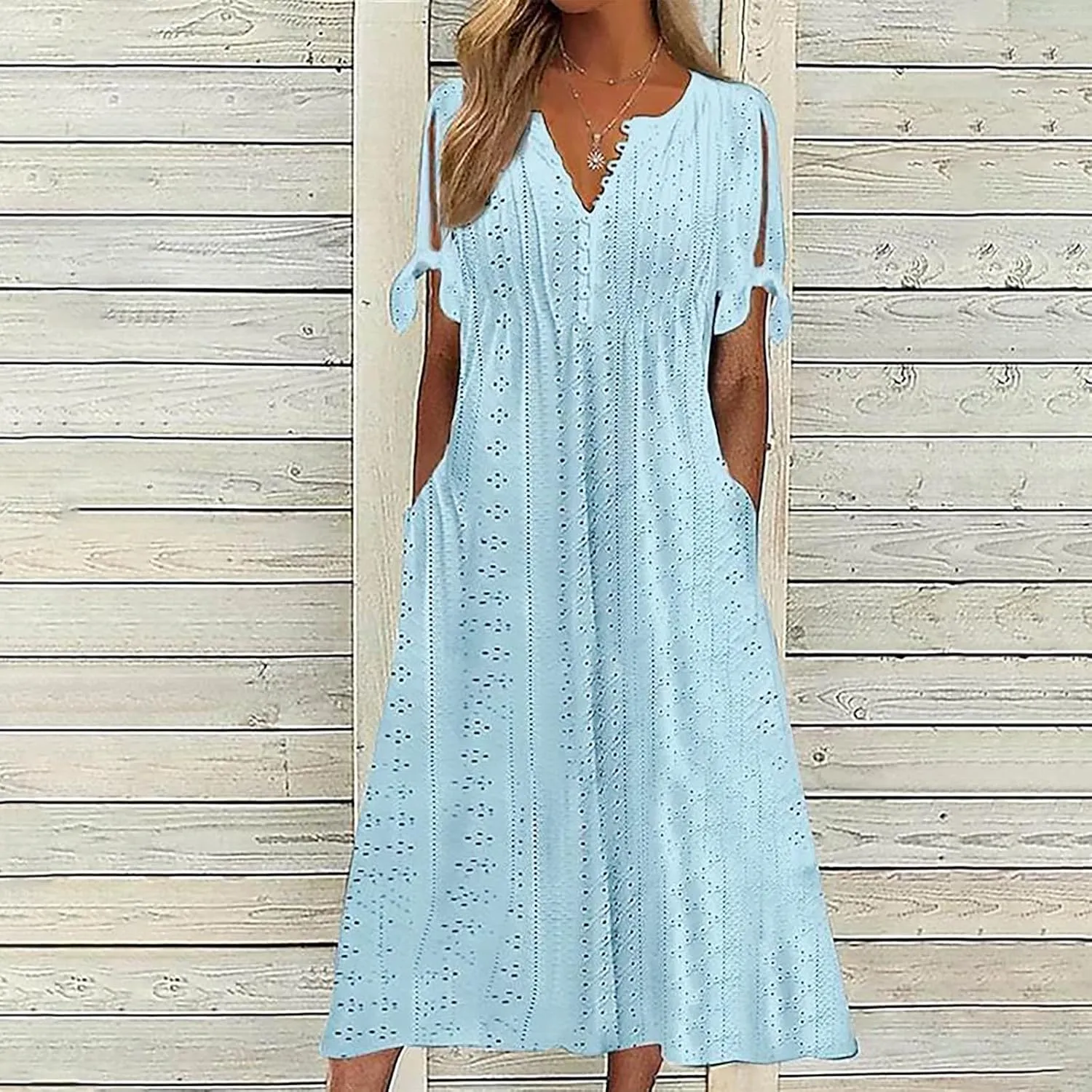 Women's Dresses Casual Eyelet Solid Color Hollow Out V Neck Button Dress Summer Fashion Summer Dress with Pockets