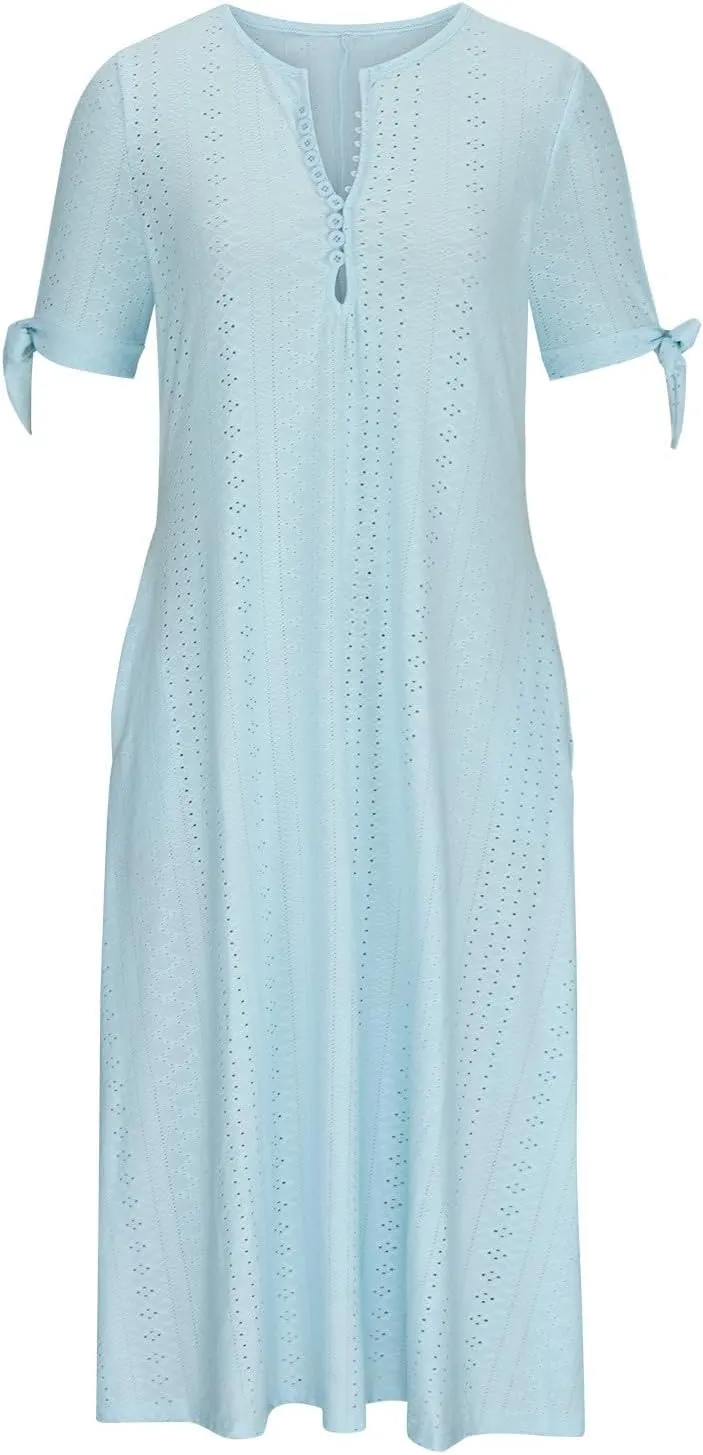 Women's Dresses Casual Eyelet Solid Color Hollow Out V Neck Button Dress Summer Fashion Summer Dress with Pockets