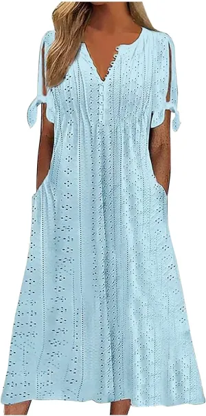 Women's Dresses Casual Eyelet Solid Color Hollow Out V Neck Button Dress Summer Fashion Summer Dress with Pockets