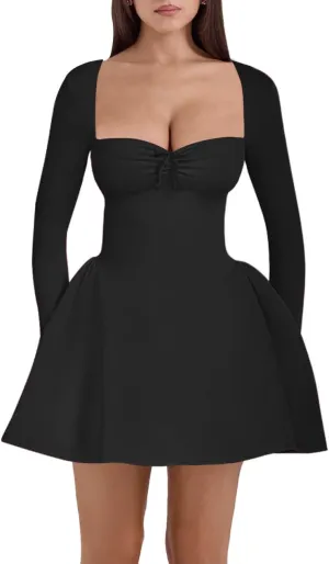 Women's Fit and Flare Mini Dress - Long Sleeve Sweetheart Neck Sexy A Line Club Party Going Out Dresses