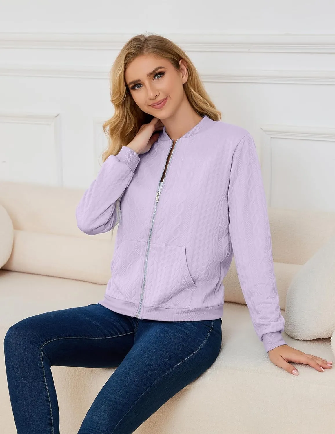 Womens Full Zip Up Cardigan Sweater Casual Solid Long Sleeve Sweatshirt Coat with Pocket