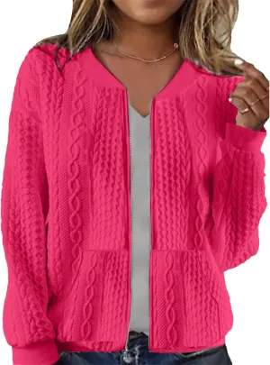 Womens Full Zip Up Cardigan Sweater Casual Solid Long Sleeve Sweatshirt Coat with Pocket