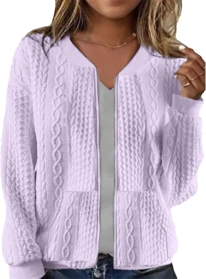 Womens Full Zip Up Cardigan Sweater Casual Solid Long Sleeve Sweatshirt Coat with Pocket