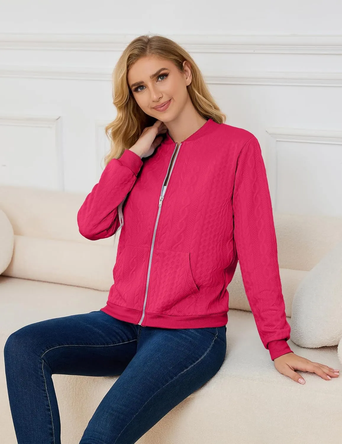 Womens Full Zip Up Cardigan Sweater Casual Solid Long Sleeve Sweatshirt Coat with Pocket