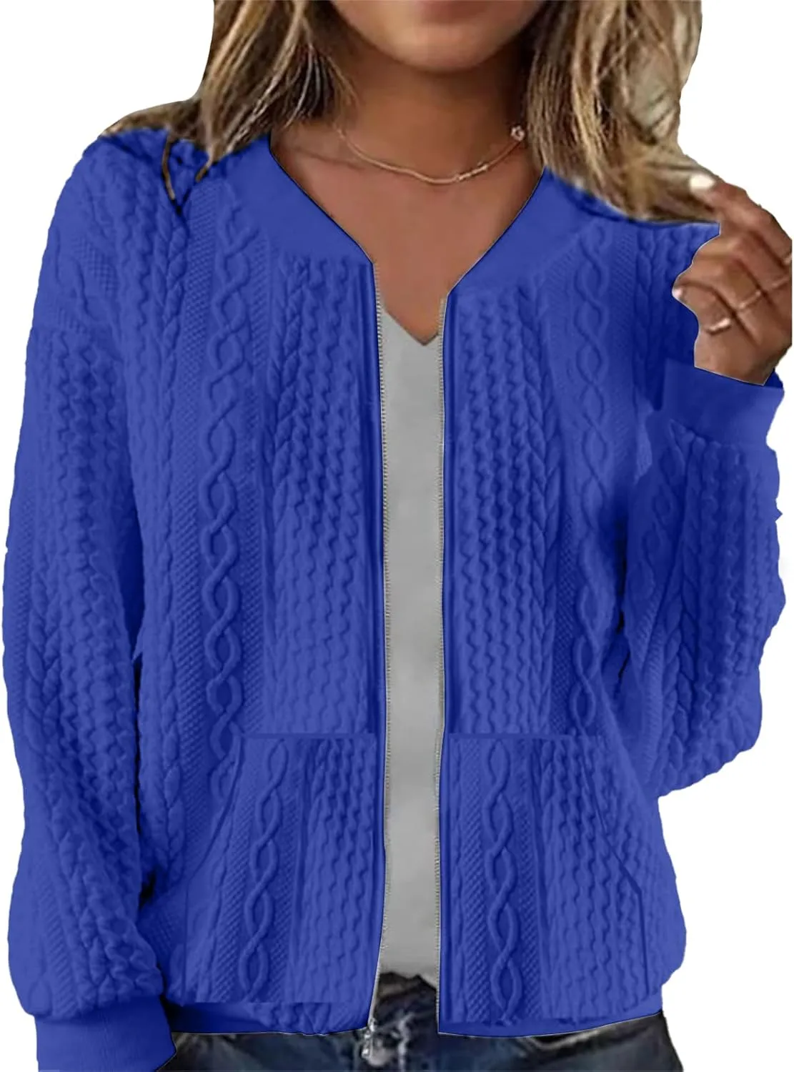 Womens Full Zip Up Cardigan Sweater Casual Solid Long Sleeve Sweatshirt Coat with Pocket