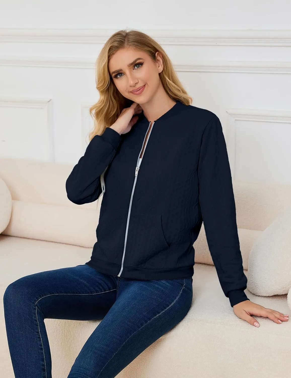 Womens Full Zip Up Cardigan Sweater Casual Solid Long Sleeve Sweatshirt Coat with Pocket