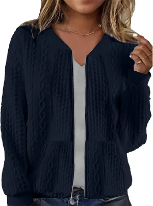 Womens Full Zip Up Cardigan Sweater Casual Solid Long Sleeve Sweatshirt Coat with Pocket