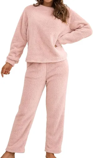 Women's Fuzzy Fleece Pajama Set Long Sleeve Cozy Plush 2 Piece Sherpa Cute Casual Outfit Loose Fit Warm Sleepwear