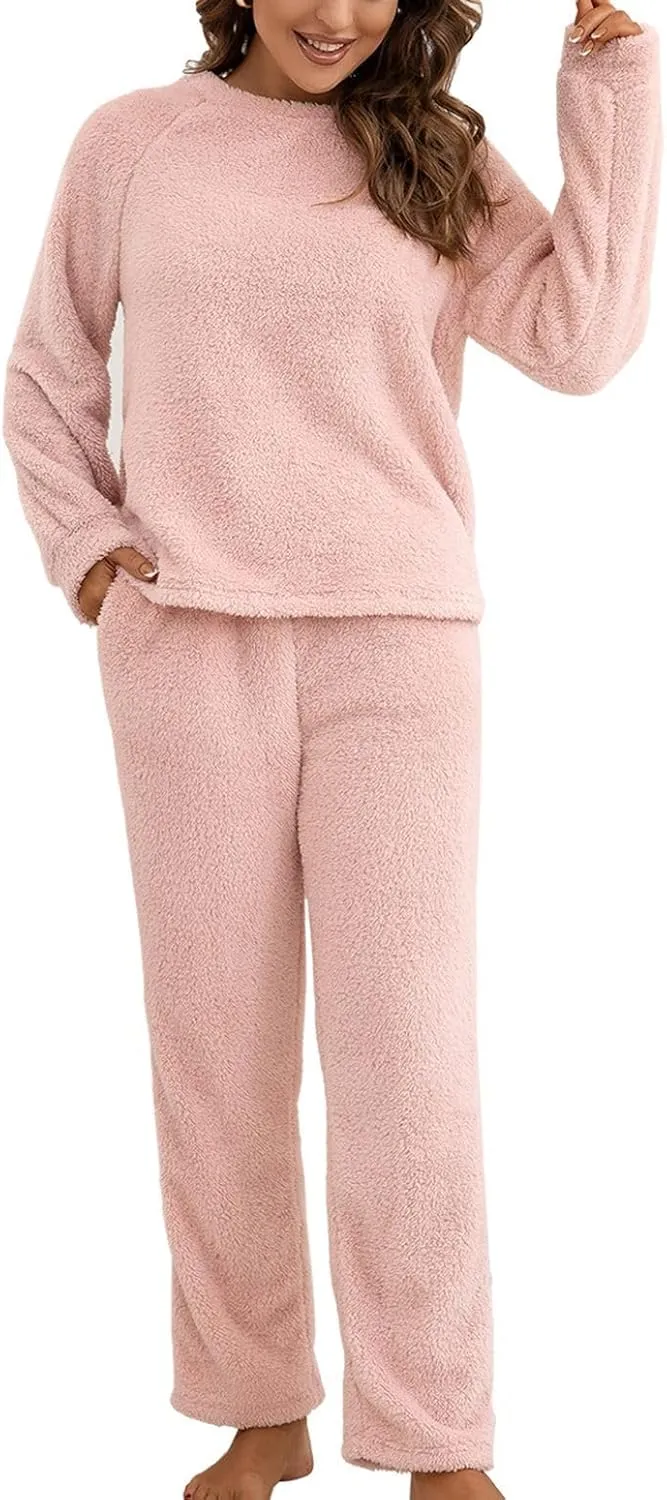 Women's Fuzzy Fleece Pajama Set Long Sleeve Cozy Plush 2 Piece Sherpa Cute Casual Outfit Loose Fit Warm Sleepwear