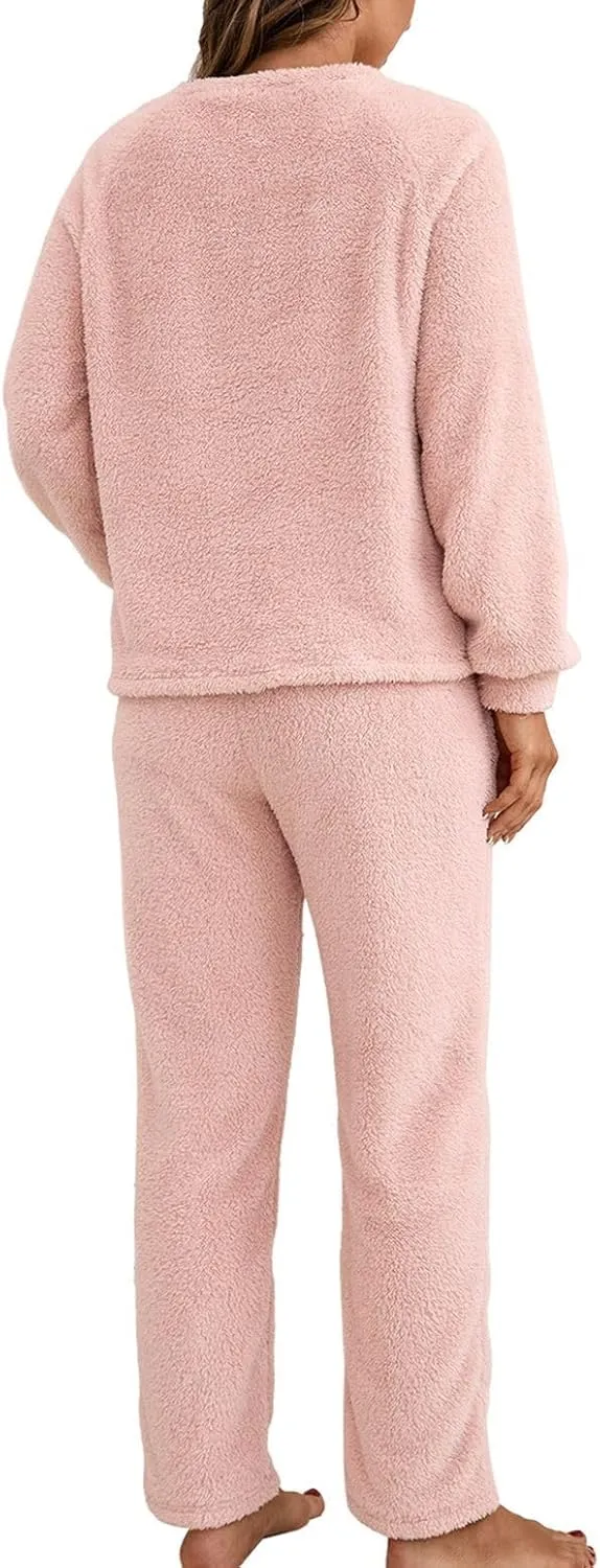 Women's Fuzzy Fleece Pajama Set Long Sleeve Cozy Plush 2 Piece Sherpa Cute Casual Outfit Loose Fit Warm Sleepwear