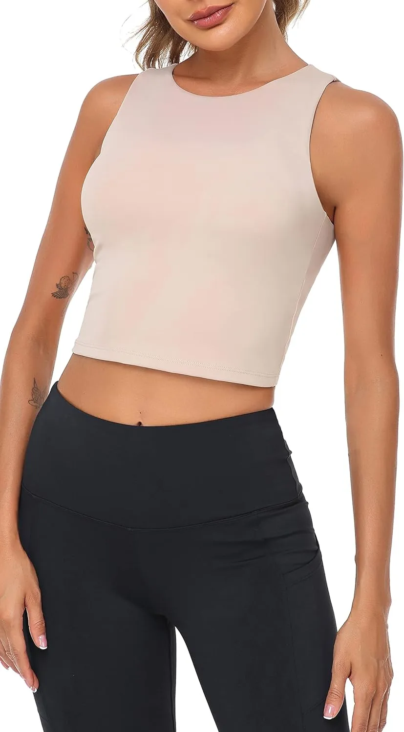 Women's High Neck Crop Top Sleeveless Racer Back Basic Workout Tank Tops Shirt