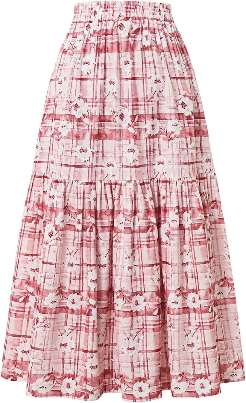 Women's High-Waisted Printed Skirt Elasticated Waist Autumn-Winter Skirt with Pockets and Pleated MIDI Skirt