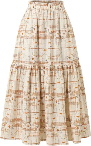 Women's High-Waisted Printed Skirt Elasticated Waist Autumn-Winter Skirt with Pockets and Pleated MIDI Skirt