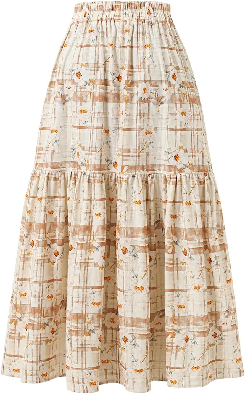 Women's High-Waisted Printed Skirt Elasticated Waist Autumn-Winter Skirt with Pockets and Pleated MIDI Skirt