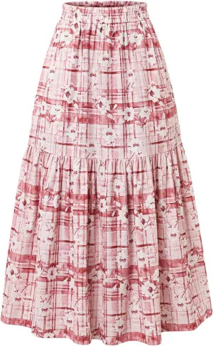 Women's High-Waisted Printed Skirt Elasticated Waist Autumn-Winter Skirt with Pockets and Pleated MIDI Skirt