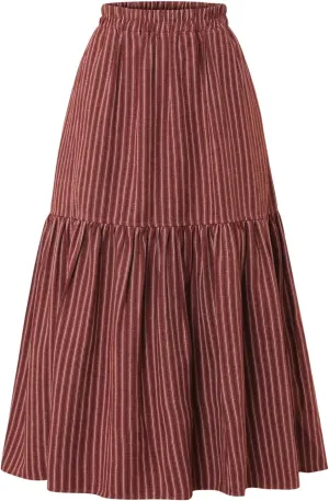 Women's High-Waisted Striped Skirt Elasticated Waist Autumn/Winter Hemline Pleated MIDI Skirt with Side Pockets