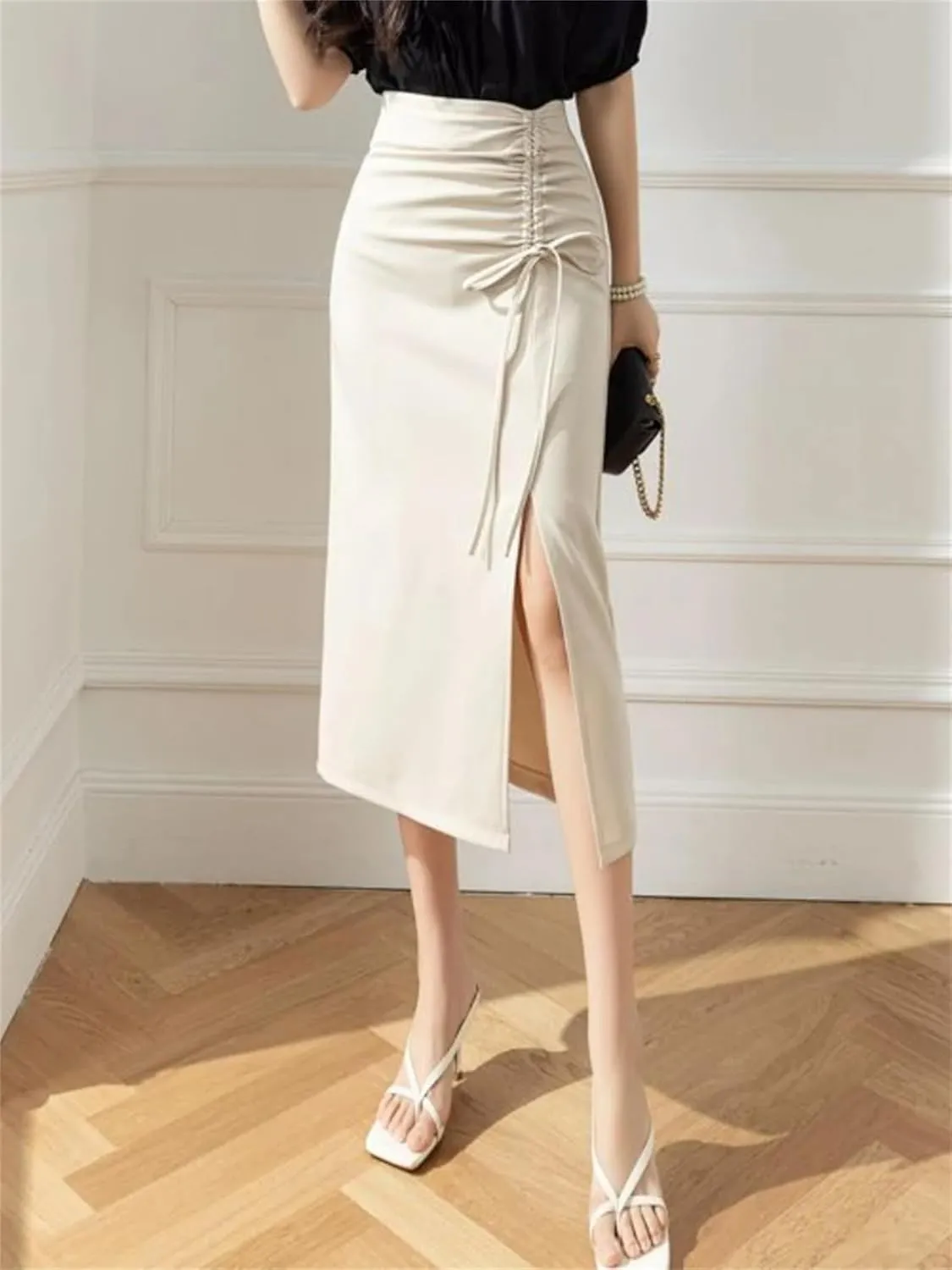Women's Midi Skirt Side Slit High Waist Skirt Spring Korean Style Casual Skirt