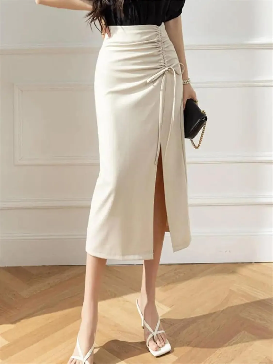 Women's Midi Skirt Side Slit High Waist Skirt Spring Korean Style Casual Skirt