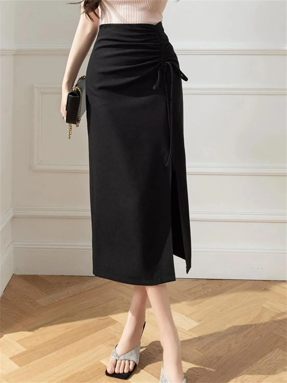 Women's Midi Skirt Side Slit High Waist Skirt Spring Korean Style Casual Skirt