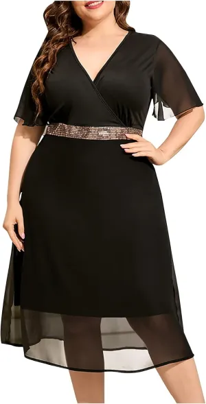 Womens Plus Size Midi Dresses Fashion Summer Beach Casual Sundress V-Neck Short Sleeves Mesh Pachwork Swing Dress